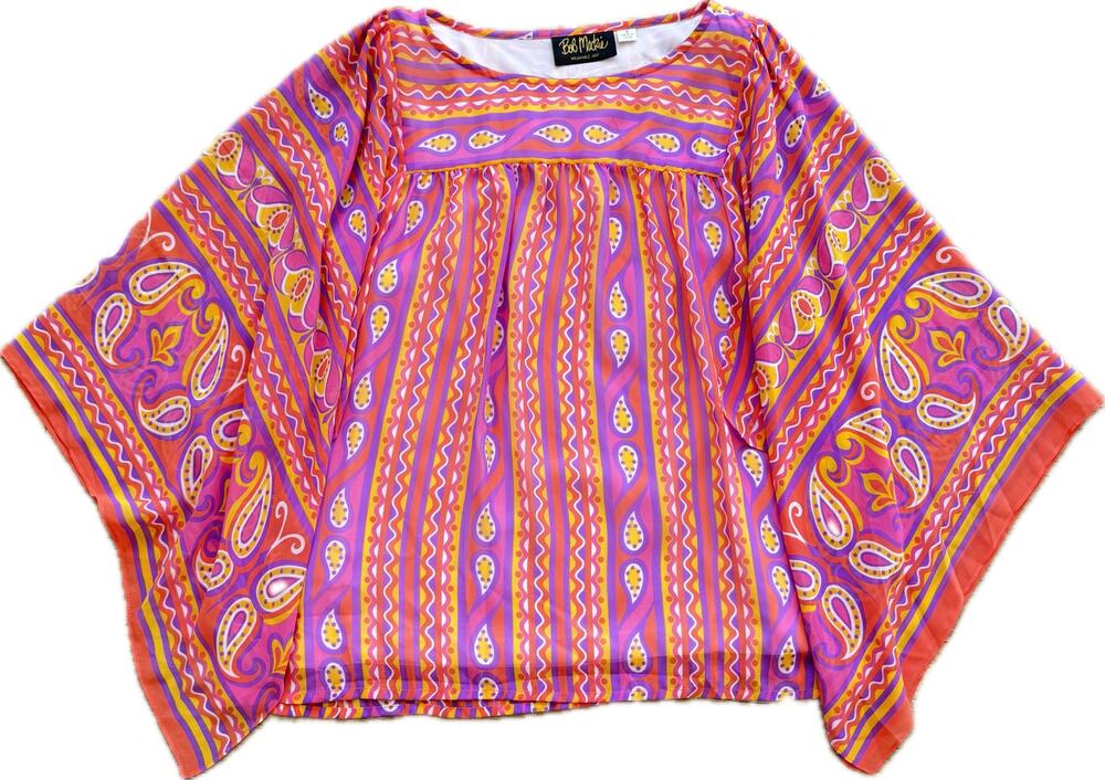 Bob Mackie Wearable Art Butterfly Sleeve S Blouse Top Bright Colorful Chiffon